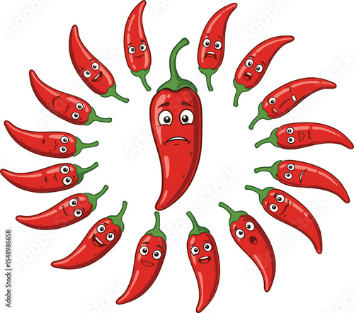 Red chili cartoon character set with facial expressions, hot pepper emoji vector illustration, funny spicy food characters, vegetable clipart for kids, cooking icon design