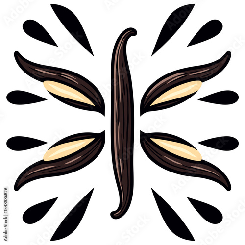 Elegant Vanilla Bean Pods Arrangement with Artistic Black Accents, Food Ingredient Illustration