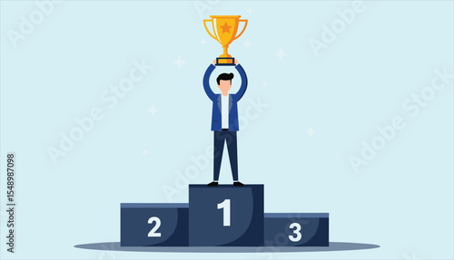 
A victorious businessman stands on the number one podium, proudly holding a gleaming golden trophy, celebrating success and achievement.