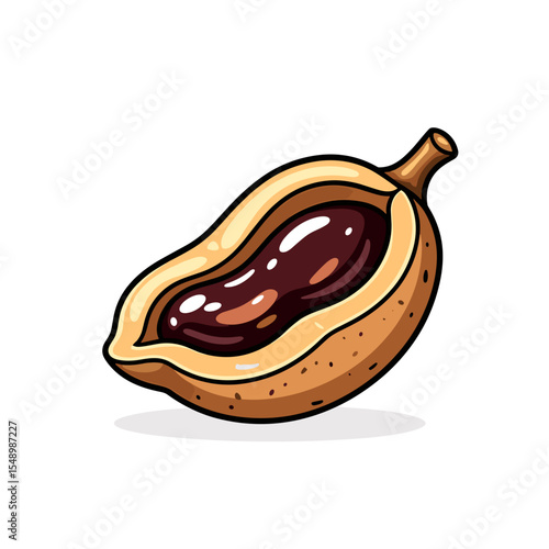 Illustration of a Halved Tamarind Fruit with Dark Brown Pulp, Isolated on White Background