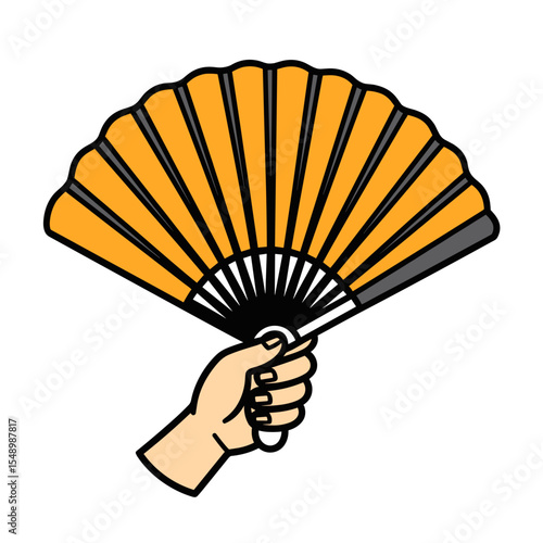 Elegant Hand Holding a Decorative Yellow and Black Fan Illustration for Cultural Events