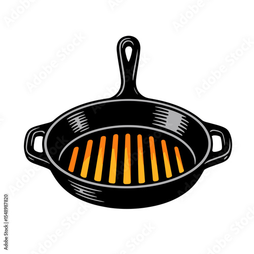 Vintage Style Cast Iron Grill Pan with Flames Illustration for Cooking and Food Preparation