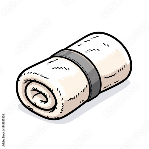 Cartoon Illustration of a Rolled Up White Towel with a Gray Band for Bathroom or Spa Use