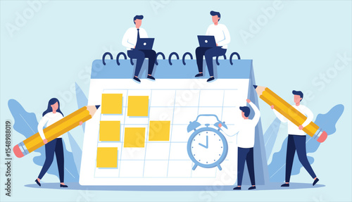 Business schedule, project planning, and time management concept: Team collaborating around a large calendar with sticky notes and an alarm clock.