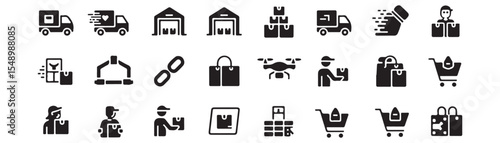 Delivery, logistics icon set. Vector glyph pictograms of package, truck, warehouse, drone, supply chain, shopping bag, shipping, courier, e-commerce concept black silhouette illustration.