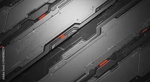 Futuristic Metallic Panel with Glowing Orange Circuits and Alphanumeric Codes