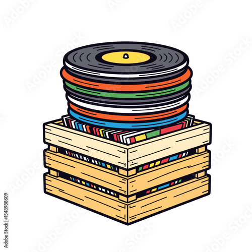 Stack of Vinyl Records on a Wooden Crate Illustration, Music Collection and Hobby Concept