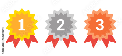 1st, 2nd, 3rd Place Medal Set with Red Ribbons. Vector Gold, Silver, and Bronze Ranking Medals Illustration. Award Icons for Sports Events, Contests, and Mobile UI Design