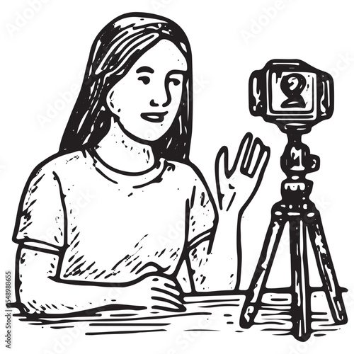 A hand-drawn sketch of a vlogger waving at a camera on a tripod, sitting at a table, capturing a cheerful daily life moment, perfect for illustrating vlogging or live streaming setups