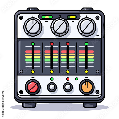 Cartoon Illustration of an Audio Mixer with Knobs and Faders for Music Production and Sound Engineering