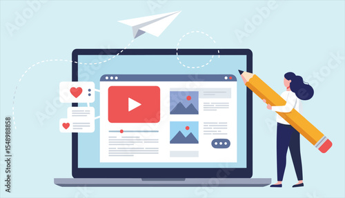 Content creation, digital marketing, and multimedia publishing concept: Woman editing online video and image content on a laptop for audience engagement.