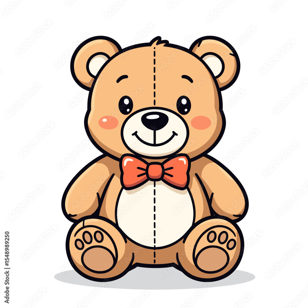 Adorable Cartoon Teddy Bear with a Red Bow Tie Sitting Upright Illustration for Children Adorable Cartoon Teddy Bear with a Red Bow Tie Sitting Upright Illustration for Children