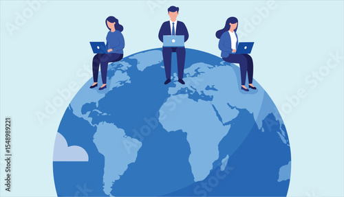 Global business, international collaboration, and remote work concept: Professionals using laptops while sitting on top of the world globe, connecting worldwide.