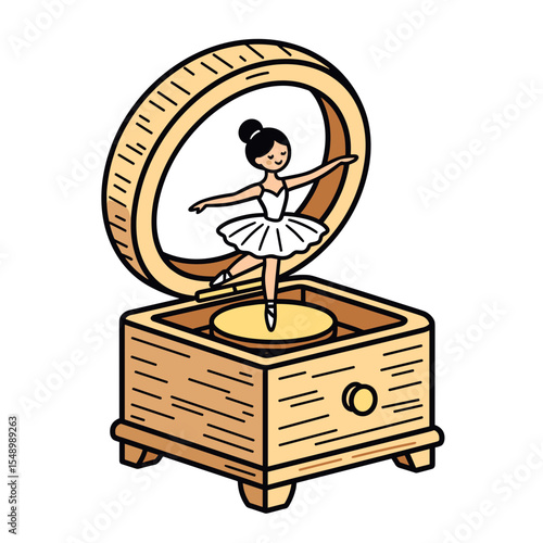 Charming Illustration of a Ballerina Dancing in a Wooden Music Box with Delicate Details and Warm Tones