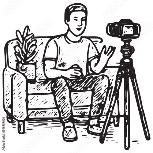 A hand-drawn sketch of a vlogger sitting on a couch with a plant, gesturing while a camera on a tripod records, capturing a relaxed daily life vlogging moment with a cozy setup