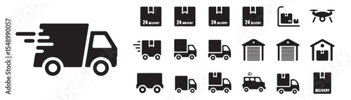 Delivery, logistics icon set. Vector glyph pictograms of package, truck, warehouse, drone, supply chain, shopping bag, shipping, courier, e-commerce concept black silhouette illustration.