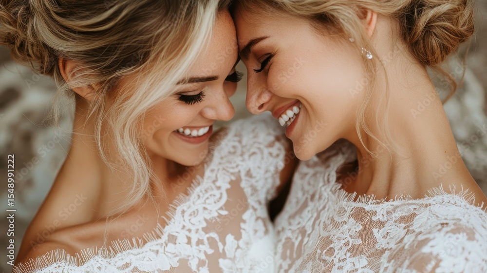 This touching moment captures two beautiful brides sharing a joyful embrace, their radiant smiles reflecting love, happiness, and companionship on their special day. This touching moment captures two beautiful brides sharing a joyful embrace, their radiant smiles reflecting love, happiness, and companionship on their special day.