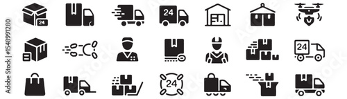 Delivery, logistics icon set. Vector glyph pictograms of package, truck, warehouse, drone, supply chain, shopping bag, shipping, courier, e-commerce concept black silhouette illustration.