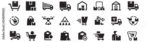 Delivery, logistics icon set. Vector glyph pictograms of package, truck, warehouse, drone, supply chain, shopping bag, shipping, courier, e-commerce concept black silhouette illustration.