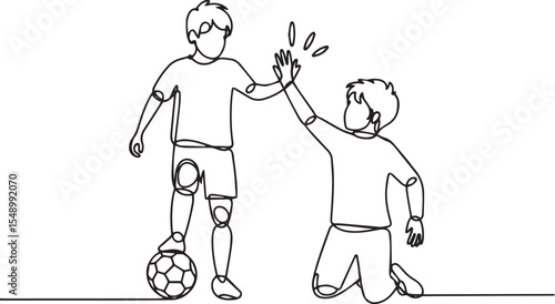 Continuous single line drawing of two young boys playing soccer and giving high-five in minimalist line art style

