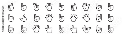 Hand gesture line icon set. Vector pictograms of thumbs up, peace sign, high five, fist bump, rock on, heart shape thin linear illustration for communication, expressions, finger actions. 
