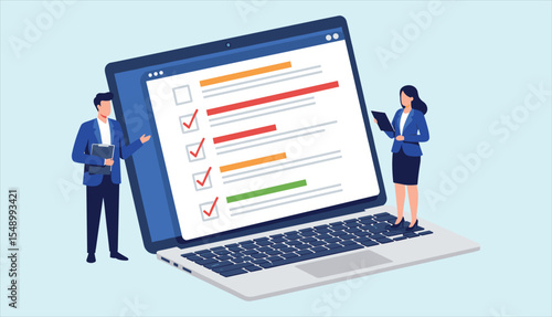 Online survey, digital checklist, and task management concept: Business people reviewing results on a large laptop screen with completed items.
