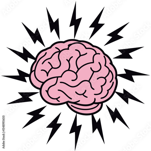 Pink brain surrounded by black lightning bolts illustrating mental energy