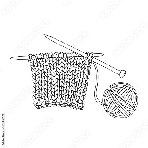 Vector line art of knitting needles with yarn and knitted fabric swatch, isolated illustration