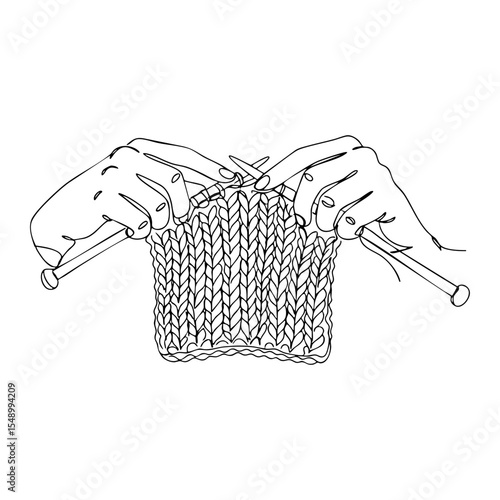 Vector line art of hands holding knitting needles and working on fabric, detailed textile sketch