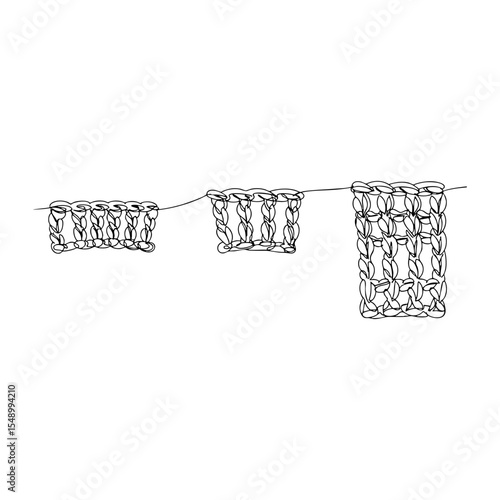 Vector line art of three crochet swatches hanging on a string, hand-drawn in a minimal continuous style