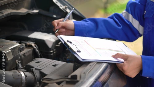 Action of a repairman is checking on multi-point checklist form during perform service the car parts. Industrial working scene, close-up and selective focus.