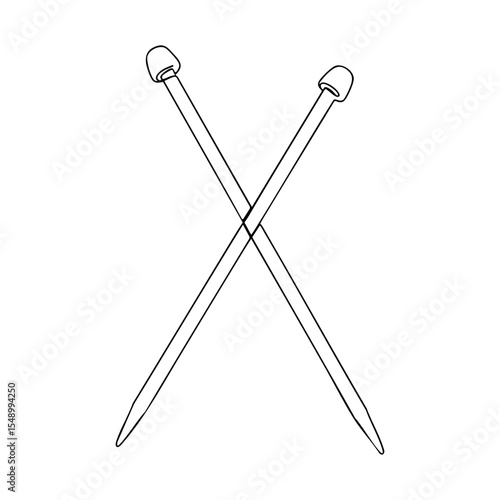 Vector line art of two knitting needles crossed in minimalist outline style for crafting and DIY illustrations