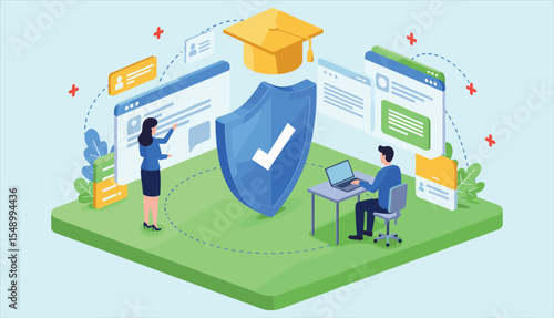 Online education security, e-learning data protection, and secure academic platform concept: Digital learning with shield, graduation cap, and users.