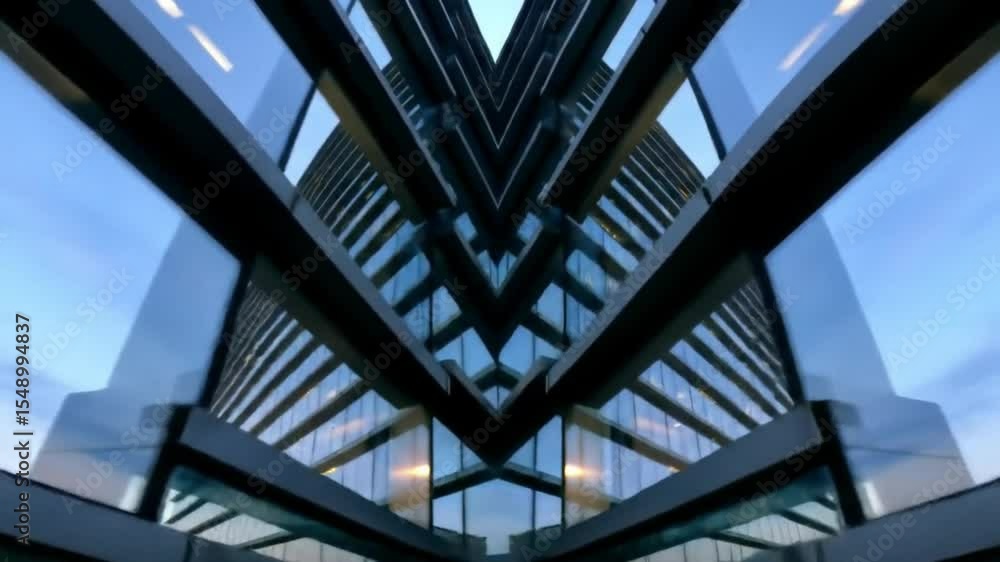 Geometric view of a modern building with symmetrical lines, glass panels, and steel structure, representing innovative urban design. Geometric view of a modern building with symmetrical lines, glass panels, and steel structure, representing innovative urban design.