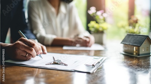 Signing Real Estate Contract with House and Keys on Table