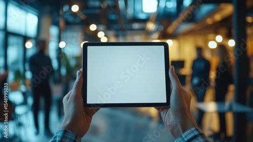 Wallpaper Mural Hands Holding Tablet with Blank Screen Mockup in Modern Office Meeting tablet screen mockup office Torontodigital.ca