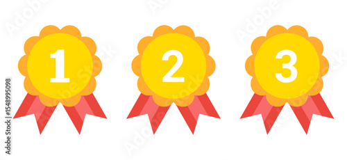 Gold Medal Ranking Set with Red Ribbons and Numbers, Vector Icons for Game Rewards, Competitions, and Mobile UI
