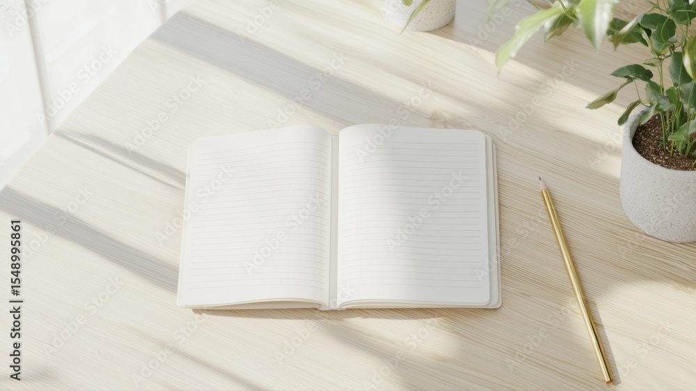 Fototapeta premium Open Blank Notebook and Pencil on Minimalist Wooden Desk with Sunlight pencil minimalist lined pages