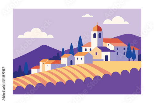Wallpaper Mural Tuscan Hills A Charming Village Illustration of Rolling Hills and Farmland Torontodigital.ca