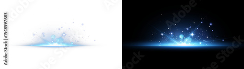 Futuristic blue light PNG with transparent highlights, glow, sun rays and bokeh sparks. Radiant star effect for modern abstract design, luxurious overlays or colorful visual effects
