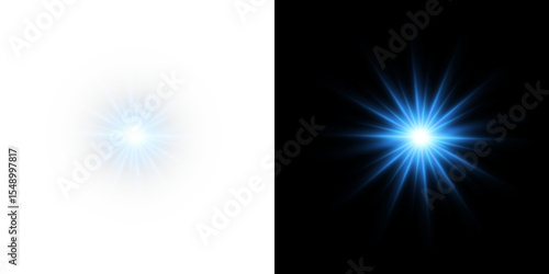 Futuristic blue light PNG with transparent highlights, glow, sun rays and bokeh sparks. Radiant star effect for modern abstract design, luxurious overlays or colorful visual effects