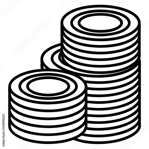 Money Stacks Icon: An eye-level shot of stacks of coins, each meticulously rendered in detailed line art, symbolizing wealth, prosperity, and financial success.