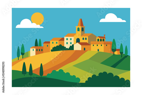 Tuscan Hilltop Village A Charming Italian Landscape Illustration