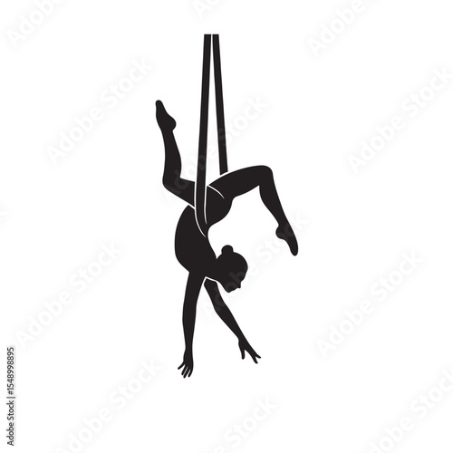 Aerial Silk Acrobat Silhouette Performing Air Dance Pose Vector