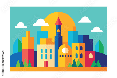 Vibrant Cityscape A Sunny Day in a Colorful Urban Landscape