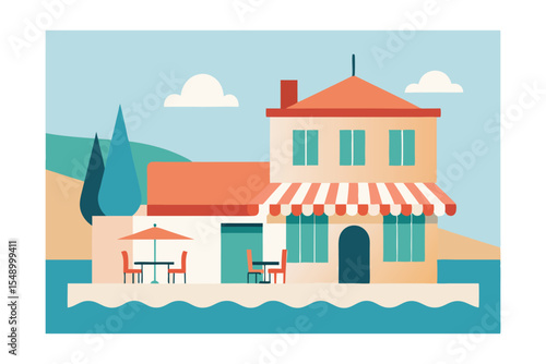 Coastal Restaurant Mediterranean Seafront Bistro Illustration