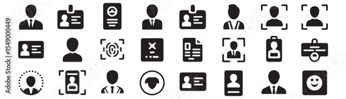Identification and verification icon set. Vector glyph pictograms of personal ID card, passport, biometric scan, badge, document verification, security, authentication black silhouette illustration.