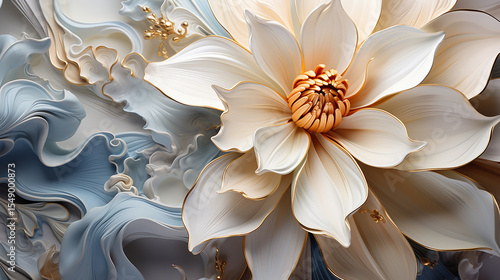 Elegant Cream Gold Flower 3 D Abstract Art Blue Swirls