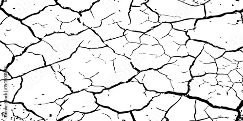 A high-contrast black and white texture of cracked earth or dry, parched ground. The image features irregular, jagged fissures and organic shapes, creating a fragmente.