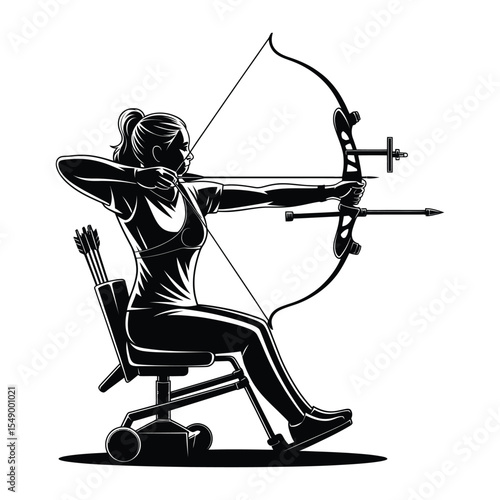 Woman Wheelchair Archer Silhouette Black and White Archery Competition Disabled Athlete Sports female